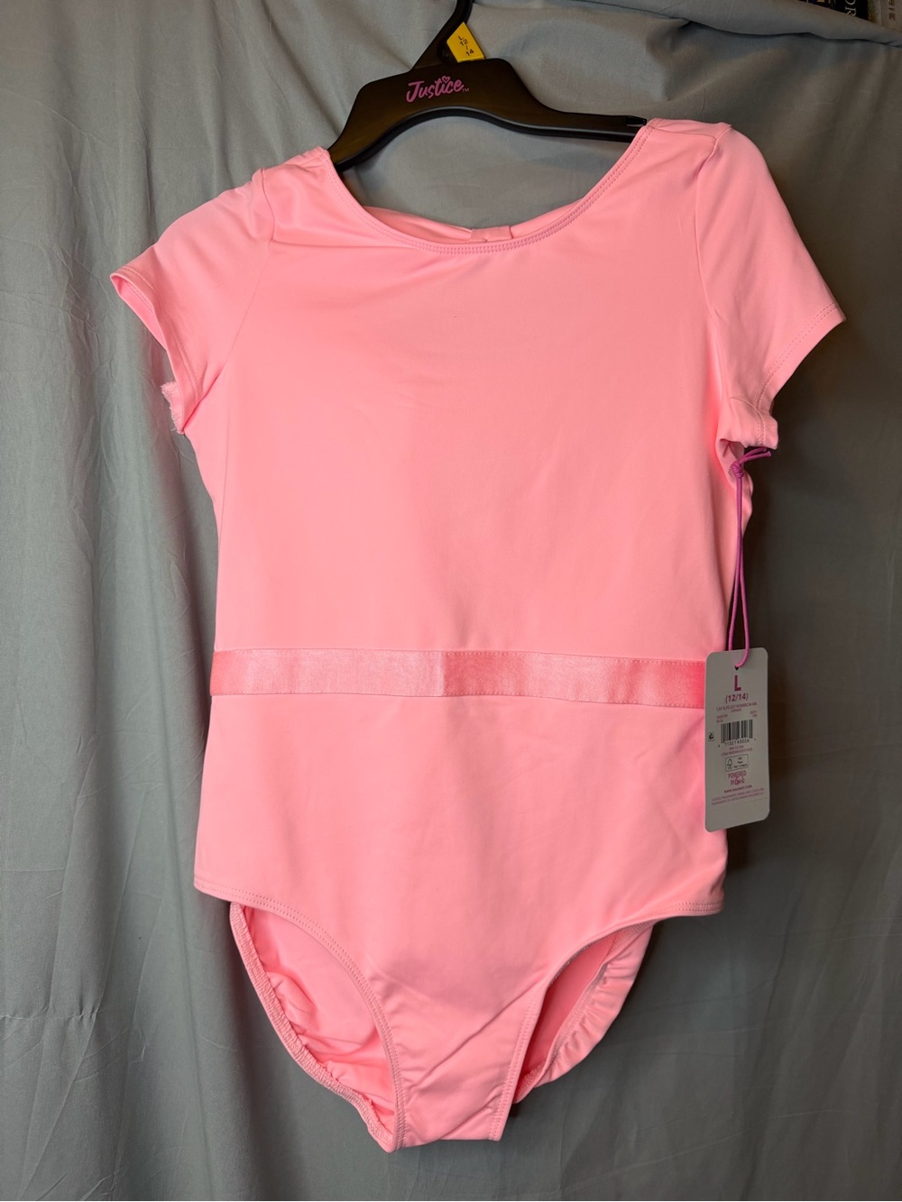 Justice Girls' Pink Short Sleeve One-Piece Leotard, sz large (12-14)